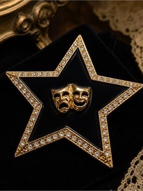Comedy and Tragedy Masks on black Enamel and Golden Star Vintage